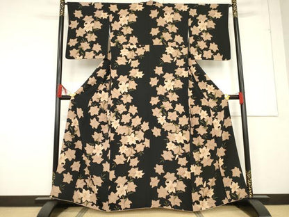 平和屋着物●上質な小紋　百合　ユリ　黒地　金彩　正絹　逸品　AABF1800ck
