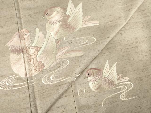 平和屋着物●訪問着　紬地　刺繍　流水鴛鴦文　正絹　逸品　AABF1803ck