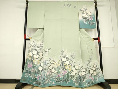平和屋着物●染織工芸はまや　京都手描友禅作家　濱屋修一郎　訪問着　草花文　暈し染め　金彩　正絹　逸品　AABF1812ck