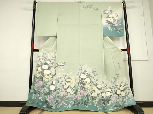 平和屋着物●染織工芸はまや　京都手描友禅作家　濱屋修一郎　訪問着　草花文　暈し染め　金彩　正絹　逸品　AABF1812ck