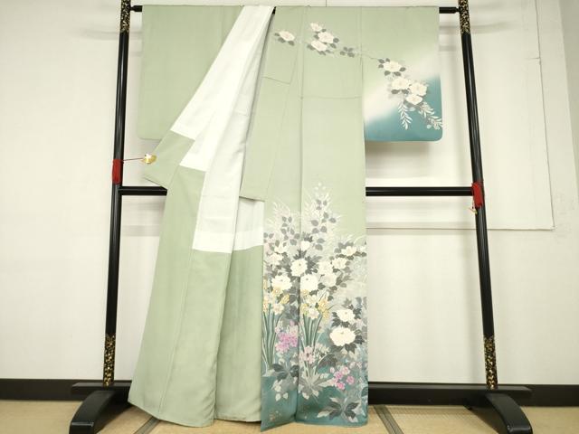 平和屋着物●染織工芸はまや　京都手描友禅作家　濱屋修一郎　訪問着　草花文　暈し染め　金彩　正絹　逸品　AABF1812ck