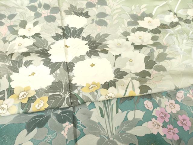 平和屋着物●染織工芸はまや　京都手描友禅作家　濱屋修一郎　訪問着　草花文　暈し染め　金彩　正絹　逸品　AABF1812ck