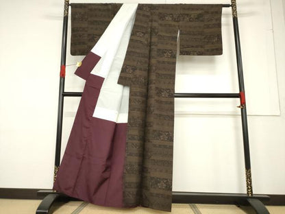 平和屋着物●上質な紬　横段花唐草文　正絹　逸品　AABF1813ck