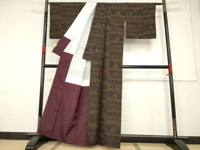 平和屋着物●上質な紬　横段花唐草文　正絹　逸品　AABF1813ck