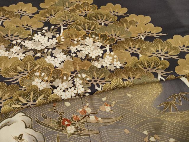 平和屋着物●豪華色留袖　駒刺繍　吉祥花文　松　金彩　正絹　逸品　AABF1830ck