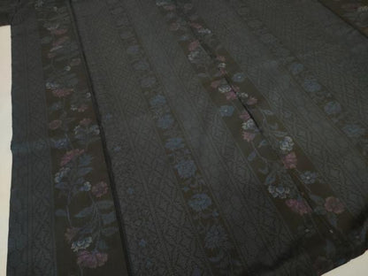 平和屋着物●本場大島紬 一元7マルキ 花間道 黒地 正絹 逸品 AABF1836ck