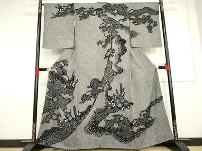平和屋着物●訪問着　総絞り　御所車花文　黒地　正絹　逸品　AABF1838ck