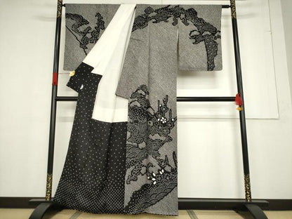 平和屋着物●訪問着　総絞り　御所車花文　黒地　正絹　逸品　AABF1838ck
