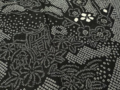 平和屋着物●訪問着　総絞り　御所車花文　黒地　正絹　逸品　AABF1838ck