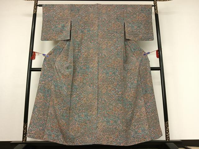 平和屋着物▽上質な小紋　単衣　更紗花文　正絹　逸品　AABF1844jh