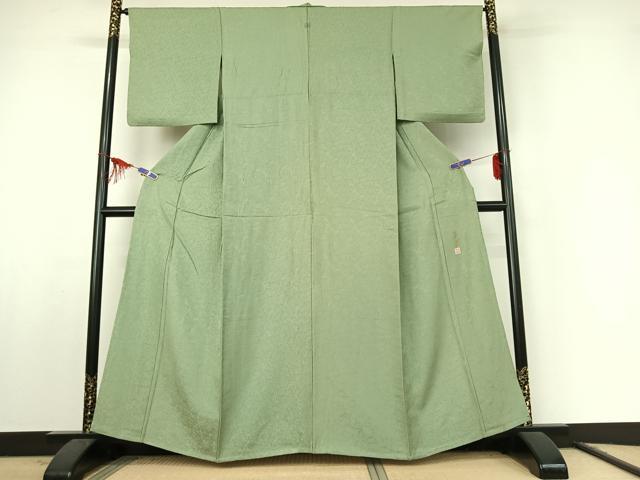 平和屋着物▽上質な色無地 単衣 作家物 草花地紋 若葉色 正絹 逸品 AABF1846jh