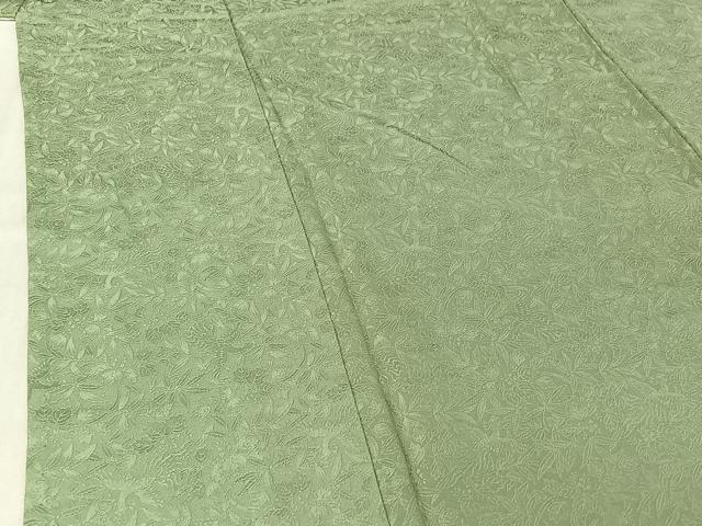 平和屋着物▽上質な色無地 単衣 作家物 草花地紋 若葉色 正絹 逸品 AABF1846jh