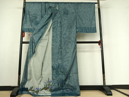 平和屋着物▽訪問着 無双 紗袷 紗×紗 流水杜若文 金彩 上代28万 仮絵羽 正絹 逸品 AABF1850jh