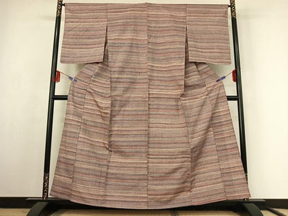平和屋着物▽上質な紬 単衣 横段文 正絹 逸品 AABF1856jh
