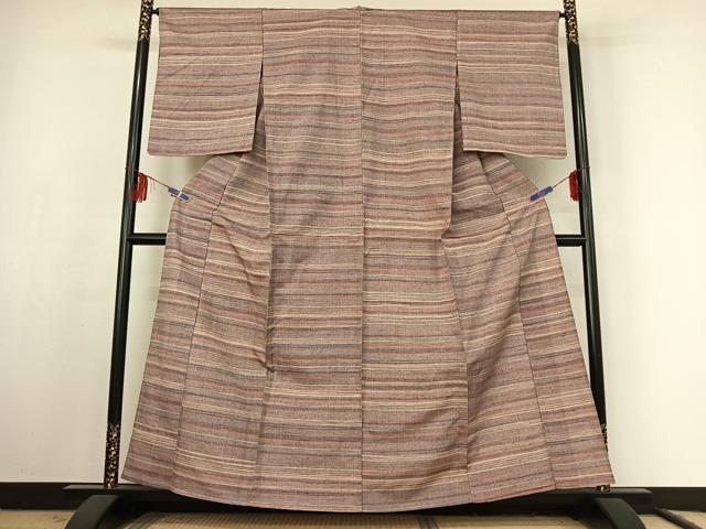 平和屋着物▽上質な紬 単衣 横段文 正絹 逸品 AABF1856jh