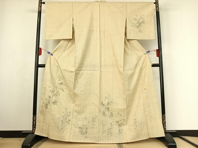 平和屋着物▽訪問着 単衣 作家物 紬地 手描き 草花文 正絹 逸品 AABF1857jh