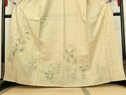 平和屋着物▽訪問着 単衣 作家物 紬地 手描き 草花文 正絹 逸品 AABF1857jh