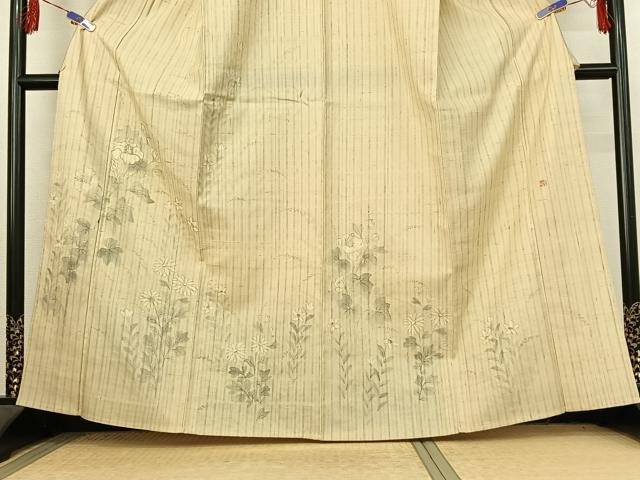 平和屋着物▽訪問着 単衣 作家物 紬地 手描き 草花文 正絹 逸品 AABF1857jh