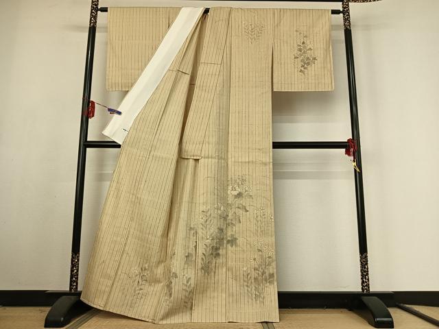 平和屋着物▽訪問着 単衣 作家物 紬地 手描き 草花文 正絹 逸品 AABF1857jh