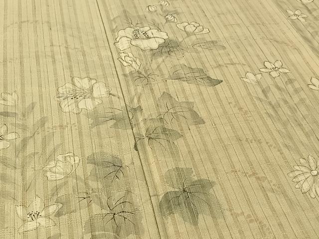 平和屋着物▽訪問着 単衣 作家物 紬地 手描き 草花文 正絹 逸品 AABF1857jh