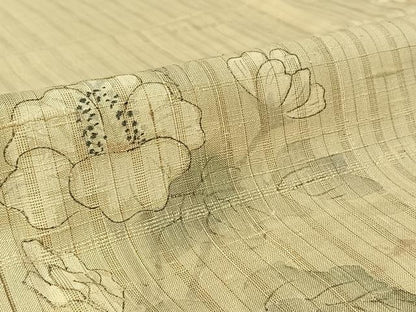 平和屋着物▽訪問着 単衣 作家物 紬地 手描き 草花文 正絹 逸品 AABF1857jh