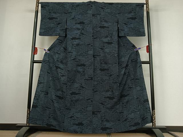 平和屋着物▽本塩沢 単衣 110亀甲 風景文 正絹 逸品 AABF1865jh
