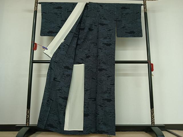 平和屋着物▽本塩沢 単衣 110亀甲 風景文 正絹 逸品 AABF1865jh