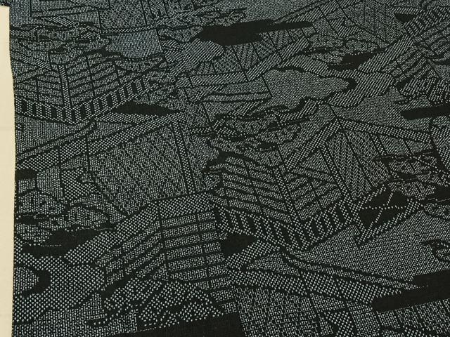 平和屋着物▽本塩沢 単衣 110亀甲 風景文 正絹 逸品 AABF1865jh