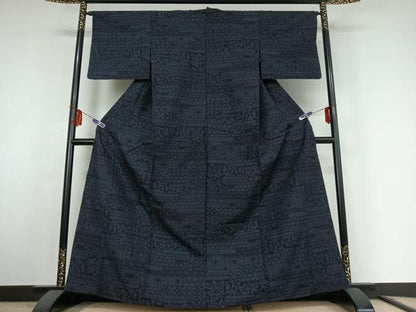 平和屋着物▽結城紬 単衣 80亀甲 横段花文 正絹 逸品 AABF1872jh