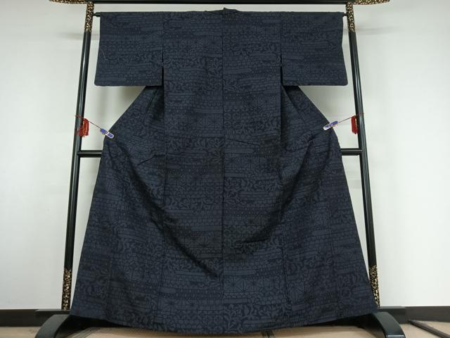 平和屋着物▽結城紬 単衣 80亀甲 横段花文 正絹 逸品 AABF1872jh