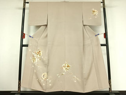 平和屋着物▽訪問着 単衣 刺繍 流水花丸文 金糸 金彩 正絹 逸品 AABF1873jh