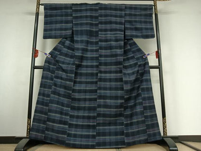 平和屋着物▽郡上紬 草木染 単衣 横段文 正絹 逸品 AABF1874jh