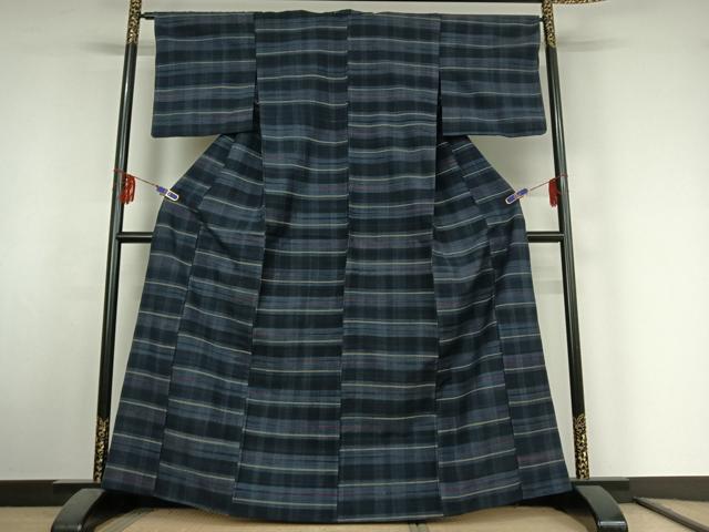 平和屋着物▽郡上紬 草木染 単衣 横段文 正絹 逸品 AABF1874jh