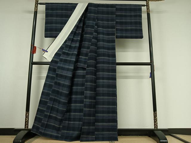 平和屋着物▽郡上紬 草木染 単衣 横段文 正絹 逸品 AABF1874jh