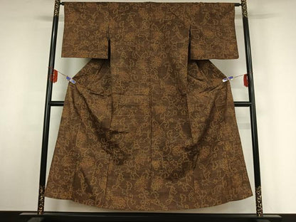 平和屋着物▽上質な紬 単衣 花唐草文 正絹 逸品 AABF1876jh