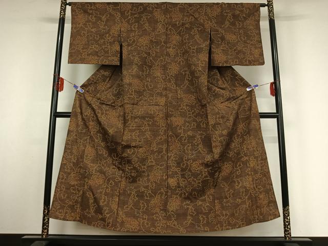 平和屋着物▽上質な紬 単衣 花唐草文 正絹 逸品 AABF1876jh