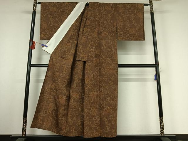 平和屋着物▽上質な紬 単衣 花唐草文 正絹 逸品 AABF1876jh