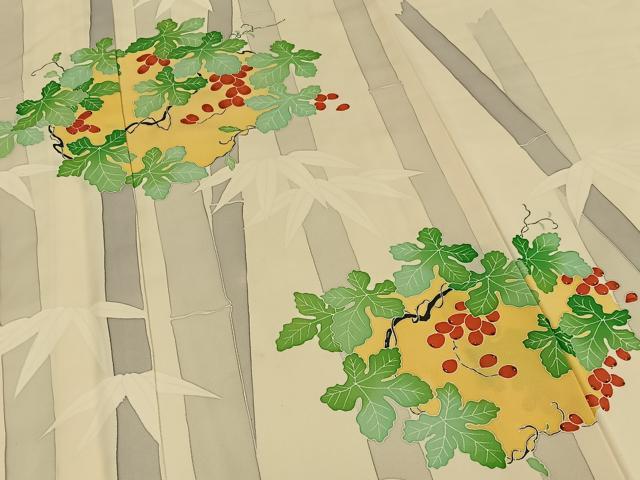 平和屋着物■訪問着 刺繍 葡萄蔦の葉笹竹文 正絹 逸品 AABF1920oa