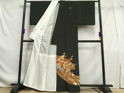 平和屋着物■豪華黒留袖　駒刺繍　枝梅文　金彩　正絹　逸品　AABF1960oa