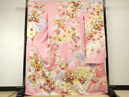 平和屋着物●豪華振袖　駒刺繍　貝桶吉祥花文　暈し染め　金彩　京都きもの友禅扱い　正絹　逸品　AABF1992cs