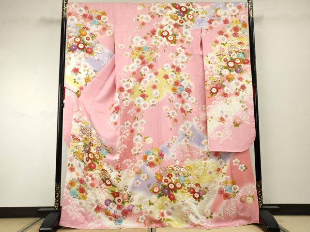 平和屋着物●豪華振袖　駒刺繍　貝桶吉祥花文　暈し染め　金彩　京都きもの友禅扱い　正絹　逸品　AABF1992cs
