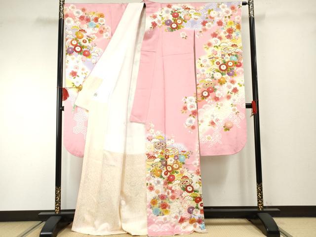 平和屋着物●豪華振袖　駒刺繍　貝桶吉祥花文　暈し染め　金彩　京都きもの友禅扱い　正絹　逸品　AABF1992cs