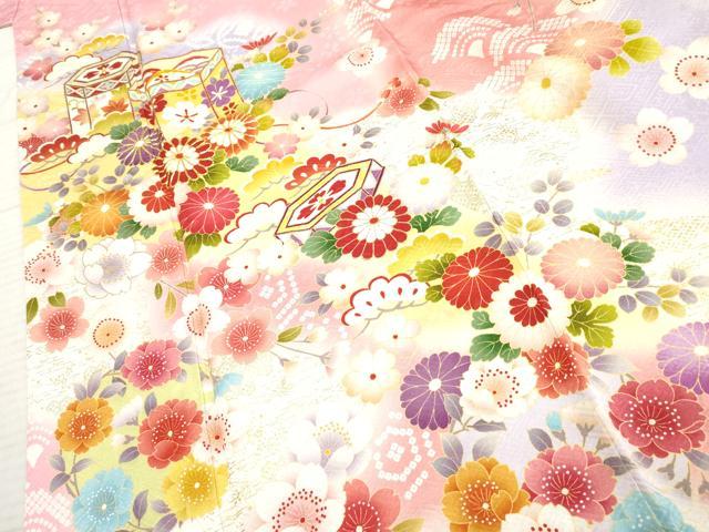 平和屋着物●豪華振袖　駒刺繍　貝桶吉祥花文　暈し染め　金彩　京都きもの友禅扱い　正絹　逸品　AABF1992cs