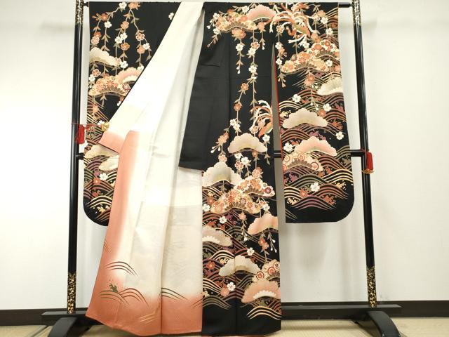 平和屋着物●豪華振袖　立波鳳凰花松文　黒地　金彩　正絹　逸品　AABF1993cs 平和屋着物○豪華振袖 立波鳳凰花松文 黒地 金彩 正絹 逸品 AABF1993cs