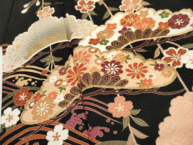 平和屋着物●豪華振袖　立波鳳凰花松文　黒地　金彩　正絹　逸品　AABF1993cs 平和屋着物○豪華振袖 立波鳳凰花松文 黒地 金彩 正絹 逸品 AABF1993cs