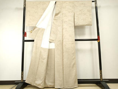 平和屋着物●上質な色無地　風景地紋　亜麻色　正絹　逸品　AABF2000cs