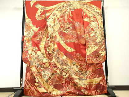 平和屋着物●豪華振袖　駒刺繍　束ね熨斗飛鶴吉祥花文　金彩　正絹　逸品　AABF2003cs