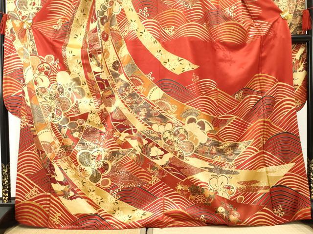 平和屋着物●豪華振袖　駒刺繍　束ね熨斗飛鶴吉祥花文　金彩　正絹　逸品　AABF2003cs