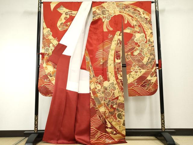 平和屋着物○豪華振袖 駒刺繍 束ね熨斗飛鶴吉祥花文 金彩