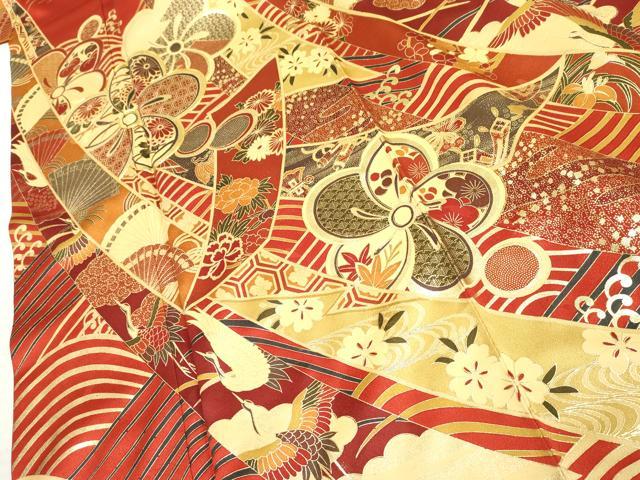 平和屋着物○豪華振袖 駒刺繍 束ね熨斗飛鶴吉祥花文 金彩